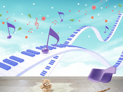 清新鋼琴鍵盤音符3d兒童房背景墻壁畫壁紙